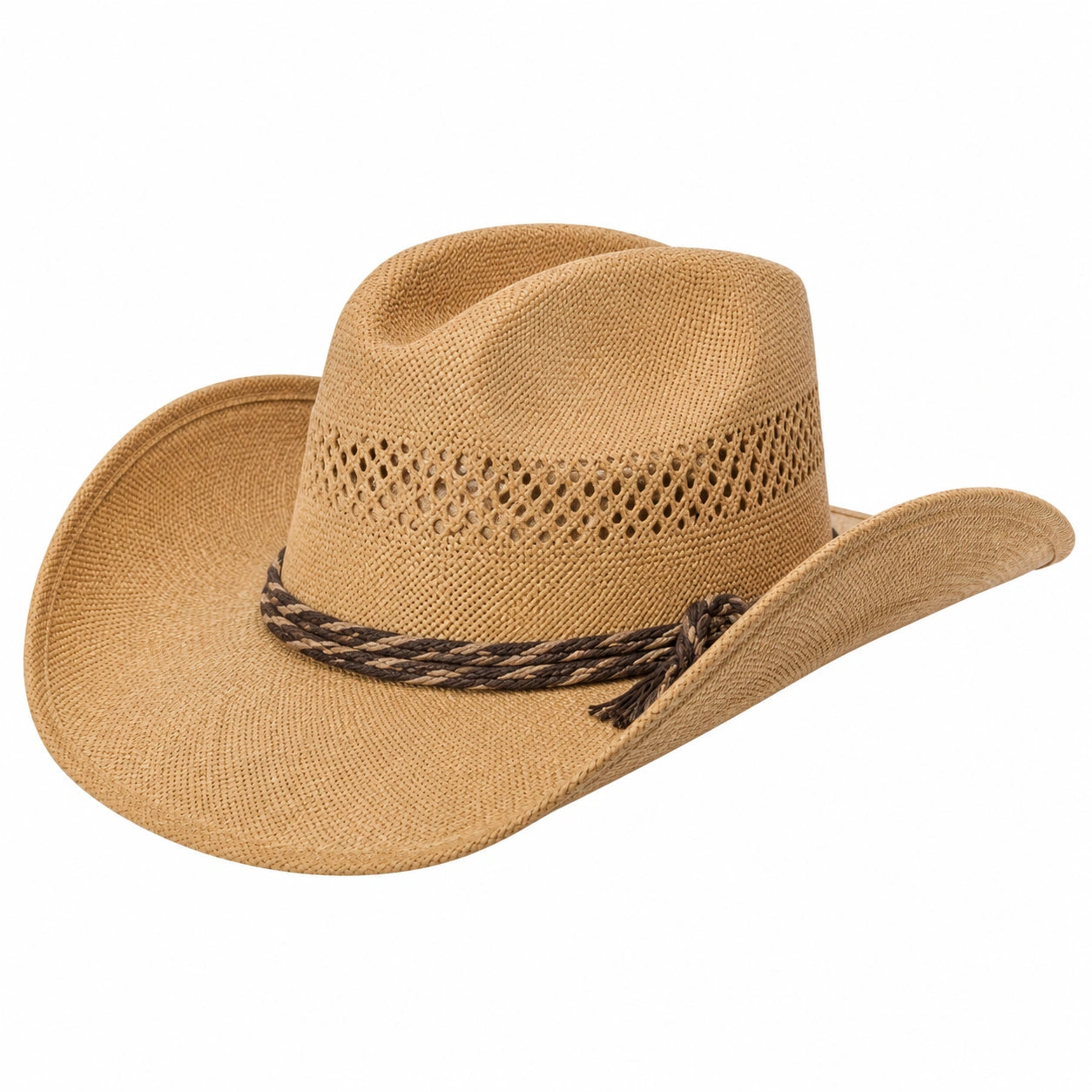 Cowboyhut Einheitsgröße aus geflochtenem Stroh Naturbraun mit Kordelband im Westernstil