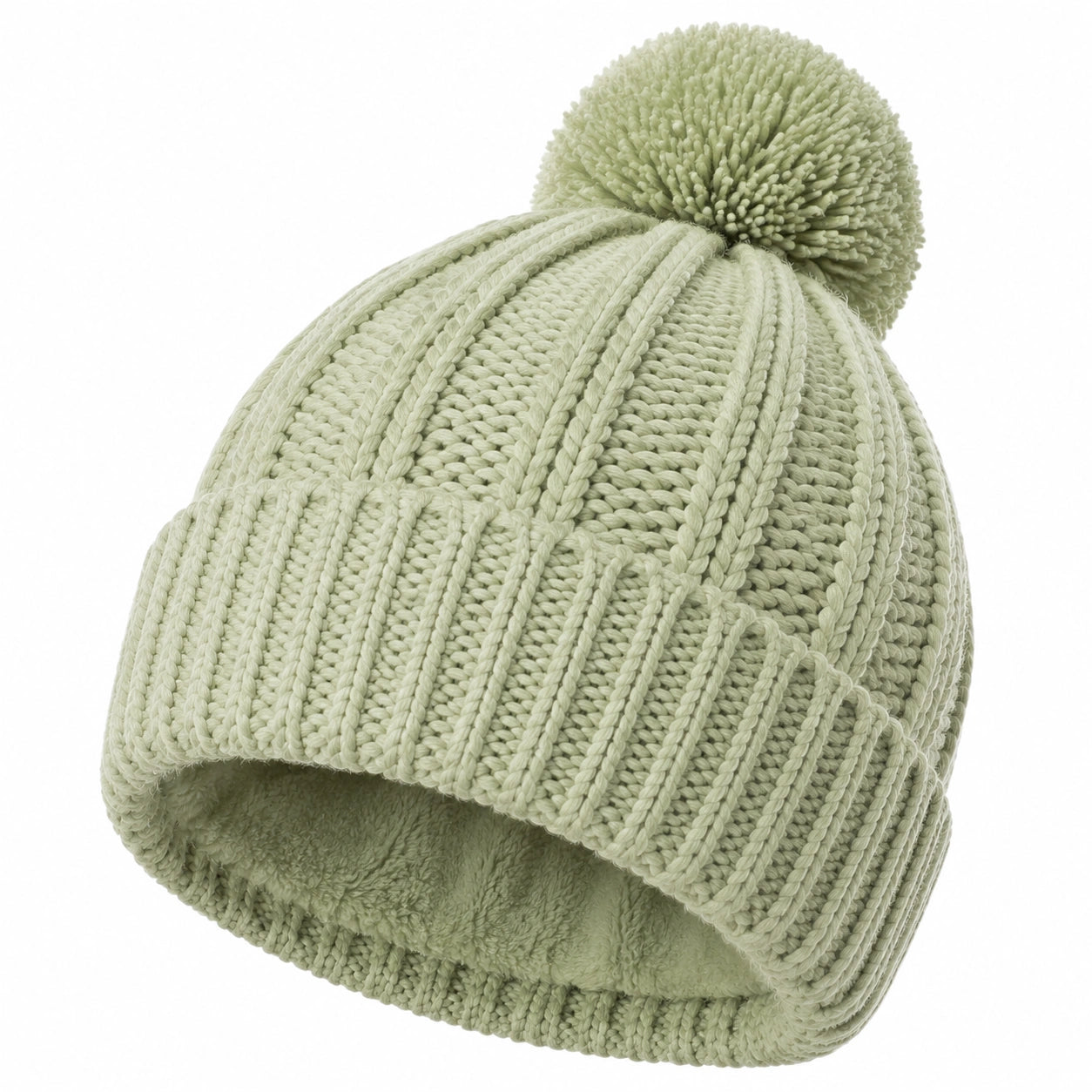 Strickmütze Einheitsgröße Hellgrün mit Bommel und Fleecefutter