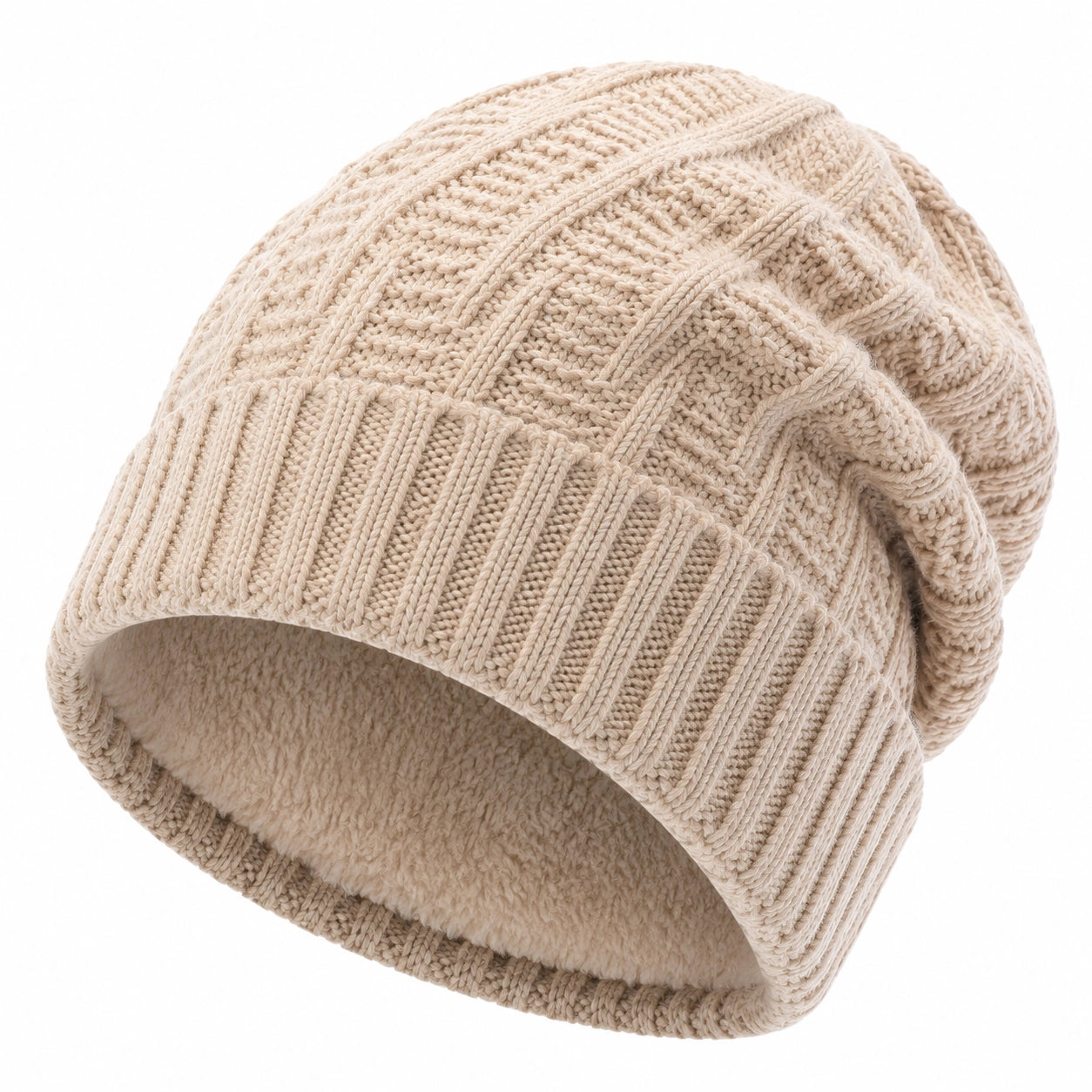 Strickmütze Einheitsgröße Beige mit weichem Innenfutter Zopfmuster für Winter